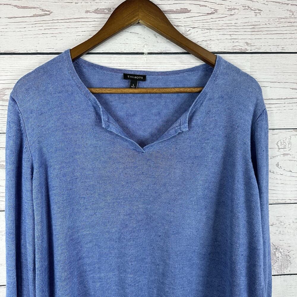Talbots Linen Top Womens Large Blue Popover Tie Sleeve Breathable‎ Costal Beach - Picture 3 of 12